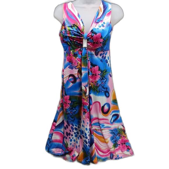 T-C Fashion Midi Dress. Woman's XS. Tropical Print. A- line, V-neck Beach Vibe. - Picture 1 of 7